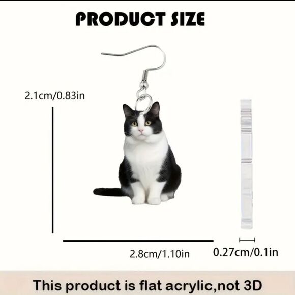 Black Tuxedo Cat 🐈‍⬛ Earrings Gothic Dangle Shiny Acrylic Tux Kitty Cute Gift - Picture 3 of 8